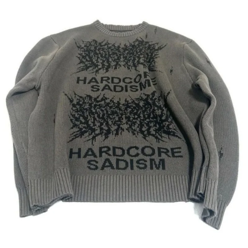 

Thorn Graphic Letter Print Knit Top Women Grey Distressed Retro Alternative Streetwear Sweater 2026