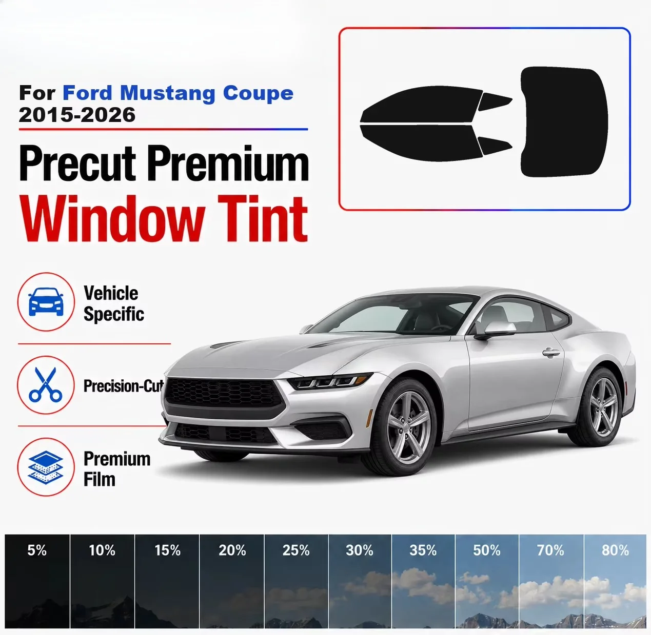 Premium Precut Window Tint Kit Front Rear Windows Rear Windshield For Ford Mustang Coupe 2015-2026 Car Solar Nano Ceramic Film