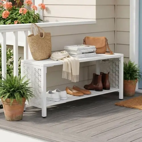 40'' Outdoor Bench with Storage Shelf, 2-Tier Double Layer Metal Shoe Rack Bench with Floral Side Panel, All-Weather