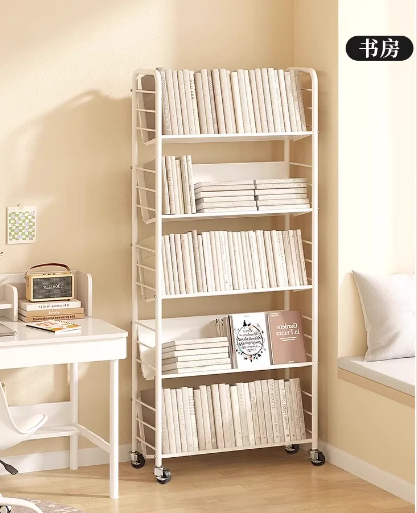 Bookshelf floor shelves can be moved with wheel multi-layer picture book shelf simple iron art against the wall small bookcase