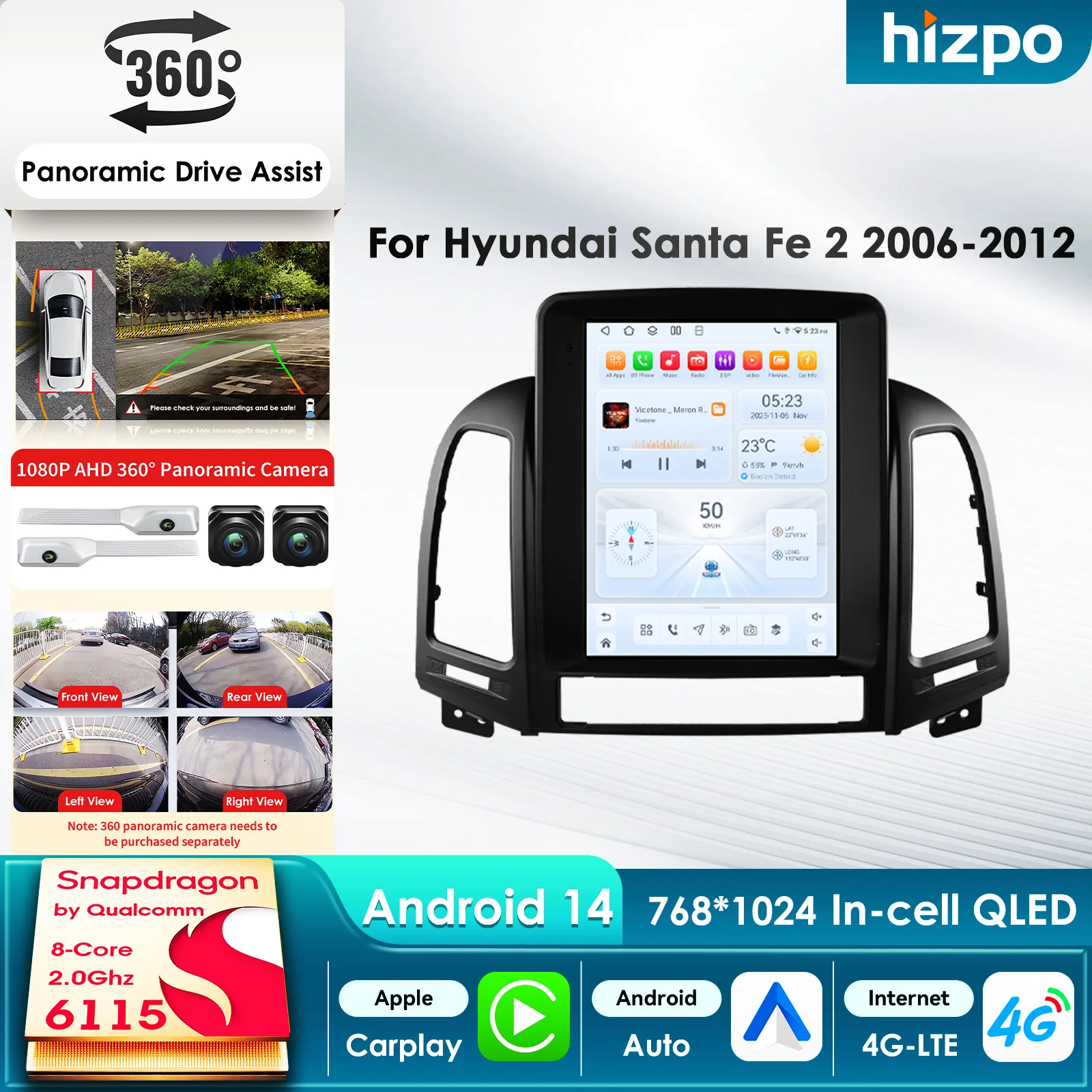 Autoradio HIzpo 9,7 pouces avec système IA Pro Android 14 pour Hyundai Santa Fe 2 2006-2012, multimédia Carplay, stéréo 4G WIFI FM RDS GPS BT, écran intelligent QLED 9,7 pouces style Tesla, unité centrale automobile, navigation, WIFI 5G, DSP, ADAS, USB, DVR, SWC, BT