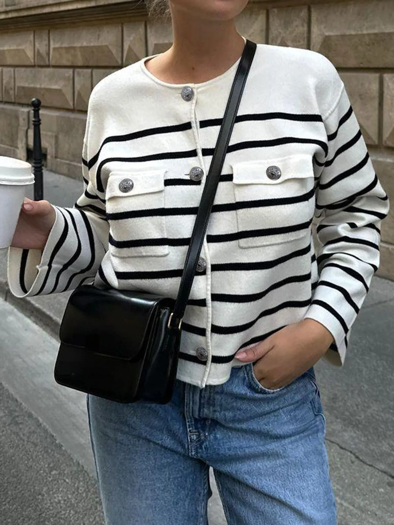 

Women's Top 2025 Autumn/winter New Striped Woolen Button Pocket Temperament Commuting Casual Top for Women