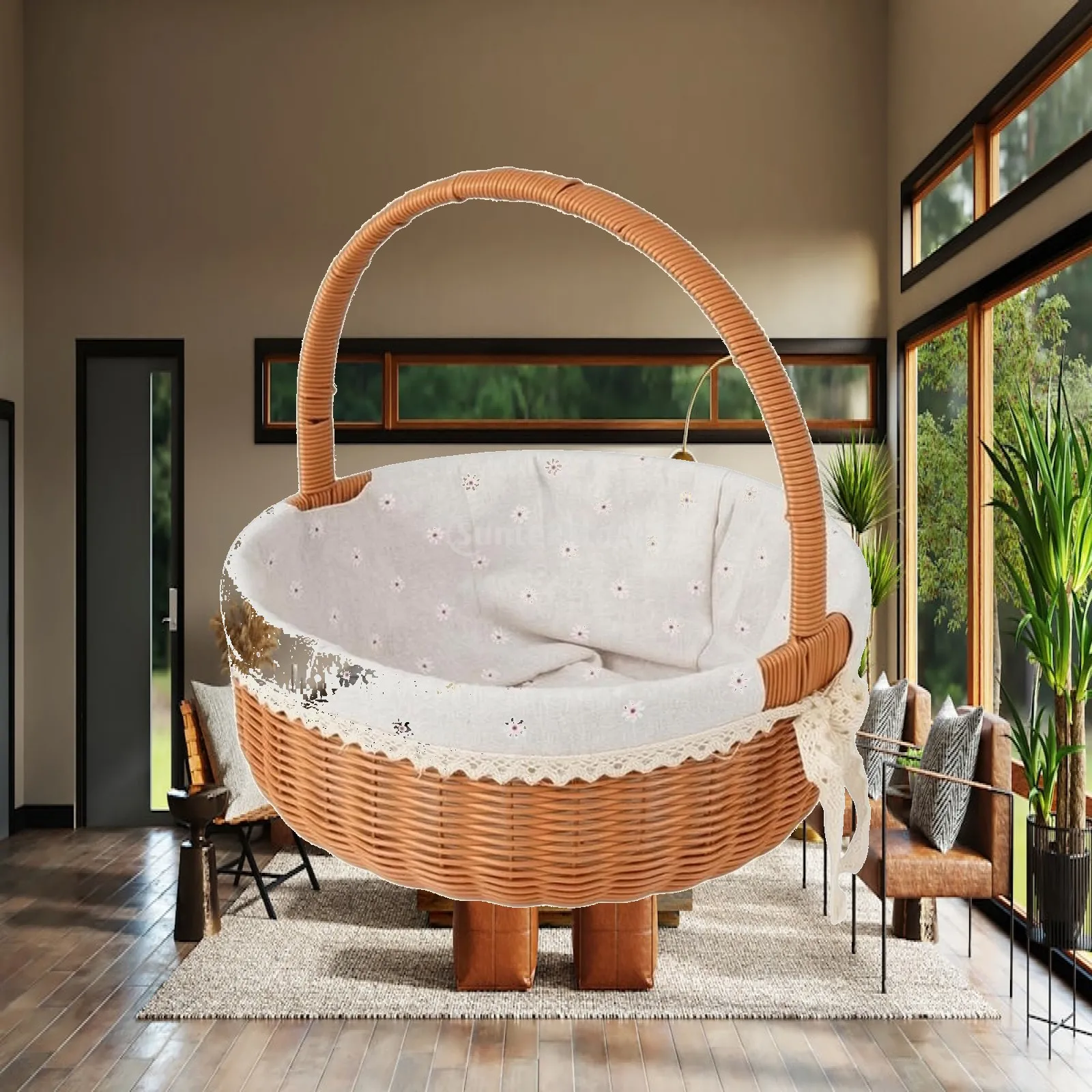 Tall Handle Picnic Basket Floral Textile Lined Round Woven Storage Basket for Snacks Fruit Home Use Camping