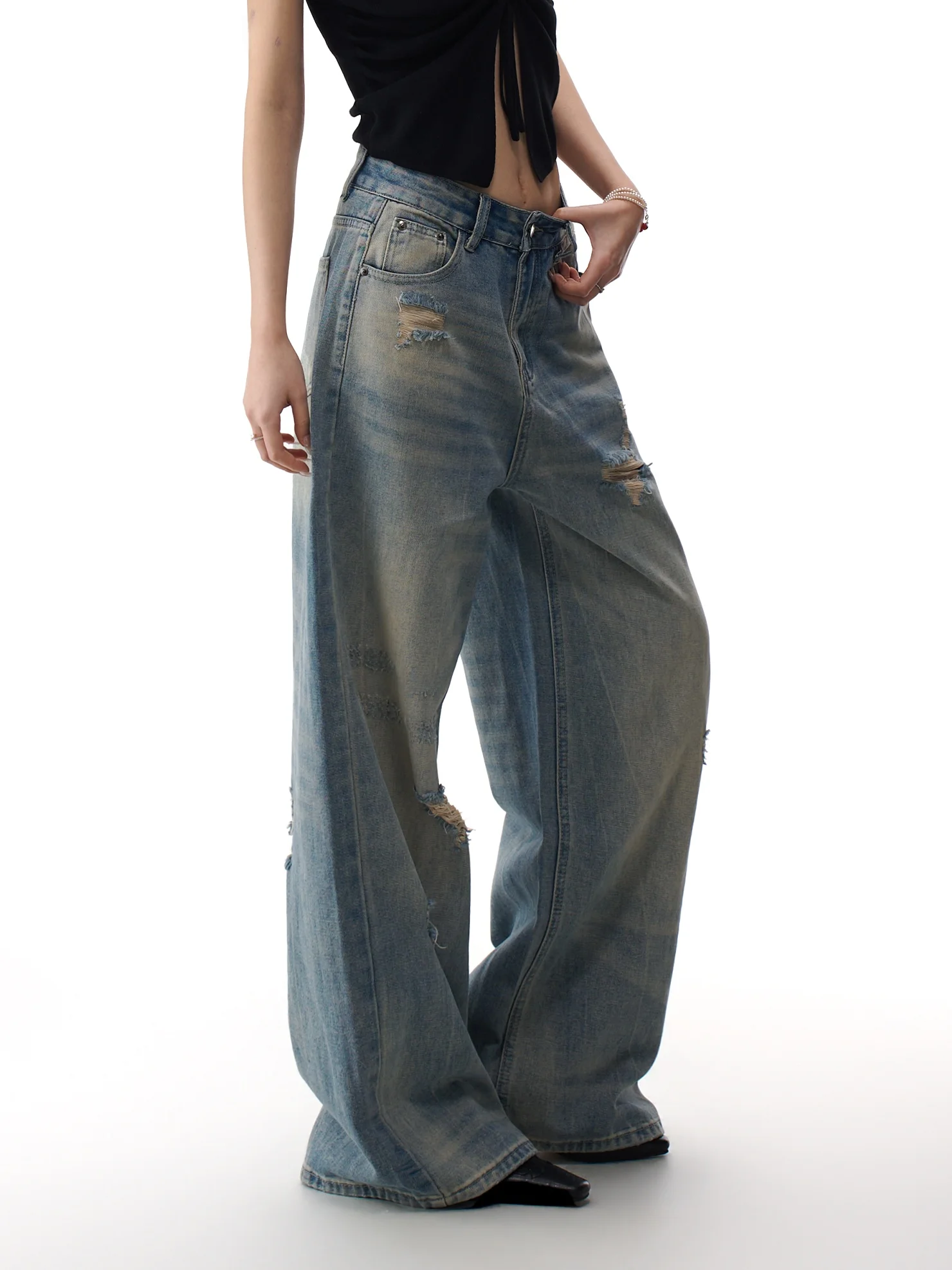 

American Sle Ripped Denim Pants Women's Spring New Sle Hot Girl High Street Straight Leg Floor-Length Wide Leg Long Pants