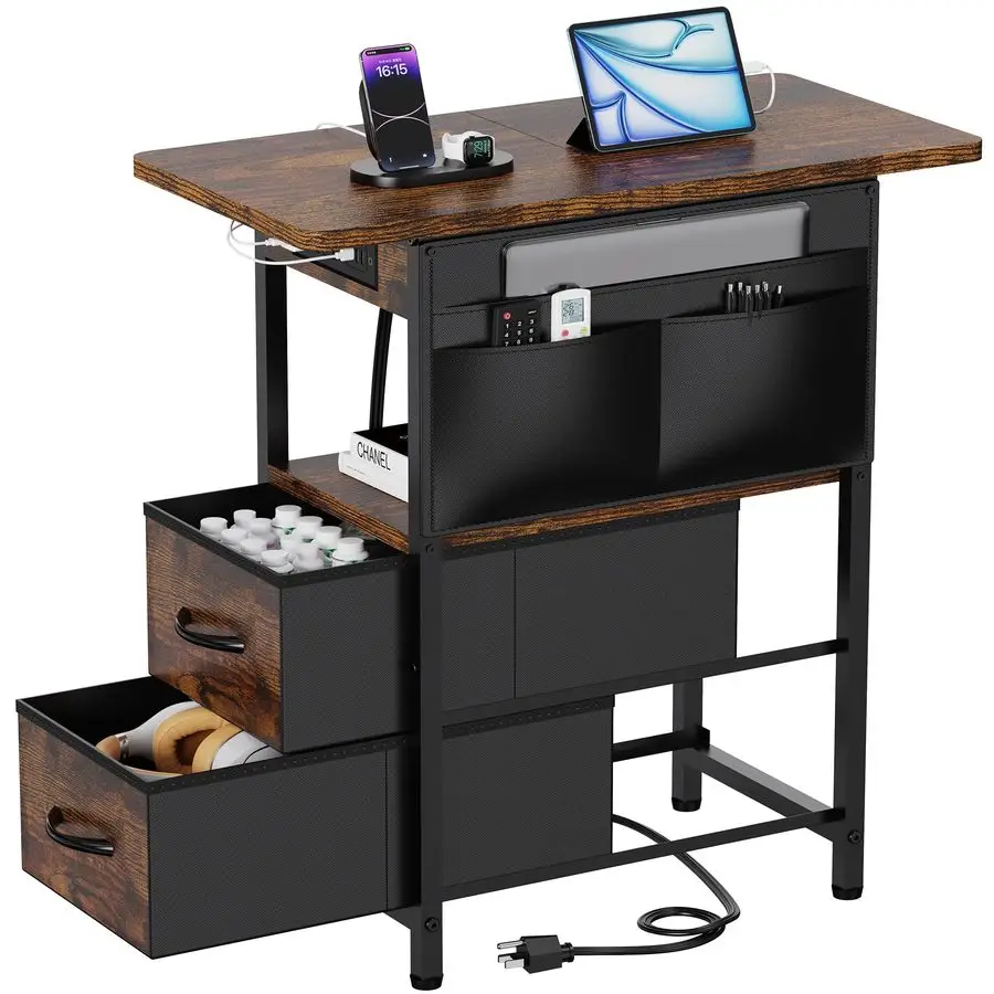 

Small Side Table with Charging Station, Narrow Nightstand Bedside Tables with Storage Pocket for Living Room Bedroom, Sofa End