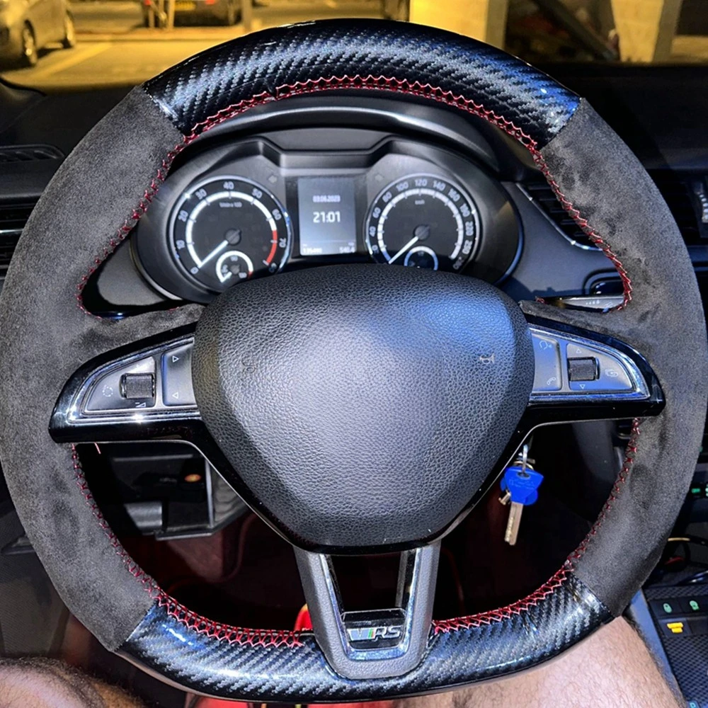 Car Steering Wheel Cover Anti-Slip Suede Carbon Fiber For Skoda Citigo Roomster Fabia Octavia Superb Karoq Rapid Car Accessories