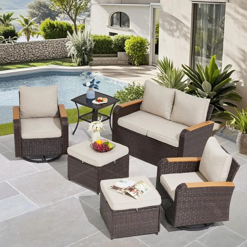 

6 Pieces Outdoor urniture Set with Swivel Chairs, Wicker Patio urniture Soa Couch or Porch Deck Bistro Lawn Garden Backyard Pool