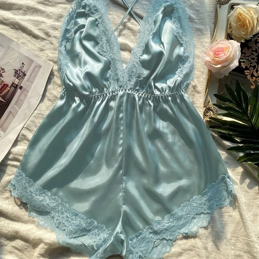 Sexy Lingerie Lace Trim Print Flower Jumpsuits Backless One Piece Nightgown Summer New Homewear Women Sleepshirt Nightdress