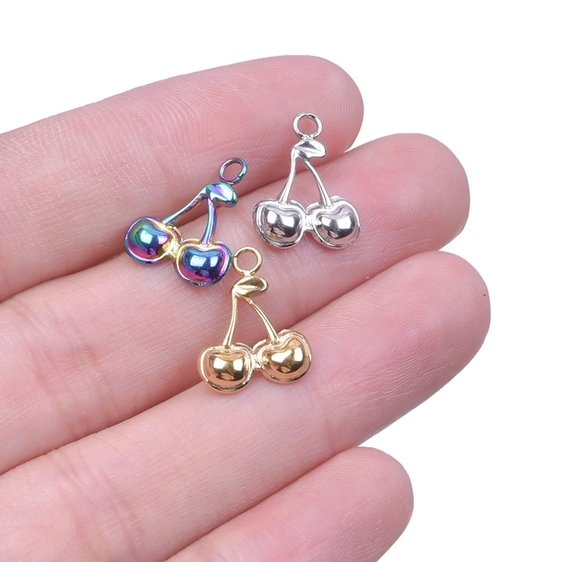 7pcs/Lot Charms Cute Small Cherry 14x11mm Gold/Silver Color Fruit Pendants Fashion Stainless Steel Jewelry Making DIY Handmade