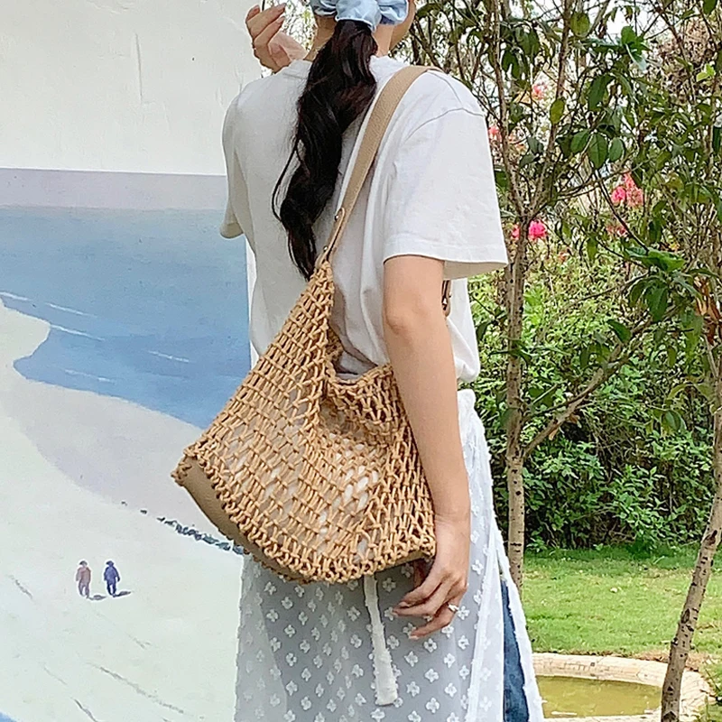 Hollow Out Weave Beach bucket Bags For Women Luxury Designer Handbag And Purses 2024 New In Casual With Inner Pocket Shoulder