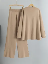 Solid Loose Knitted 2 Piece Sets Women O-neck Knitwears Sweater Pullover Tops Conjuntos Korean High Waist Wide Leg Pants Outfit