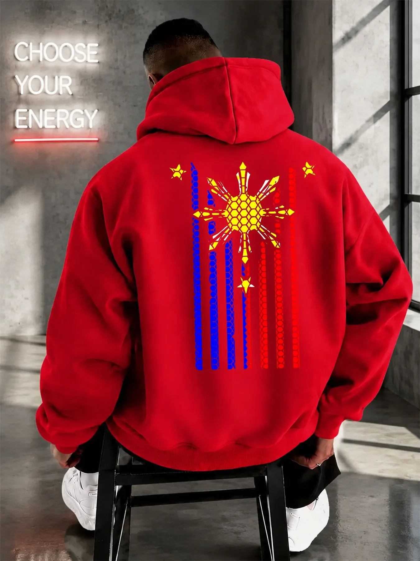 Honeycomb Texture Philippine Flag Element Front‑and‑Back Print Hoodie Casual Oversized Street‑style Long Sleeve Pullover Tops