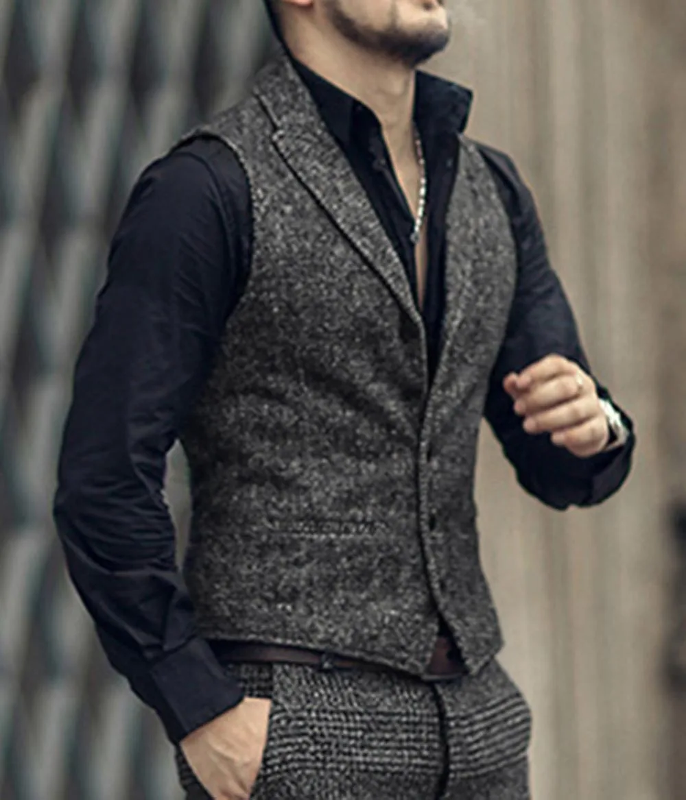 

Herringbone Men Vest Grey Pattern Business Waistcoat Notch Lapel Wool Tweed Groomsmen Waistcoat For Wedding Banquet Set