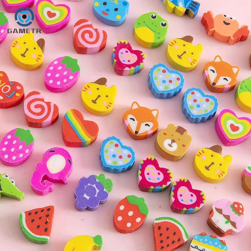 50pcs/bag Christmas Kawaii Eraser Creative Cartoon Mini Pencil Rubber Animal Fruit Erasers For Kids School Stationery Supplies