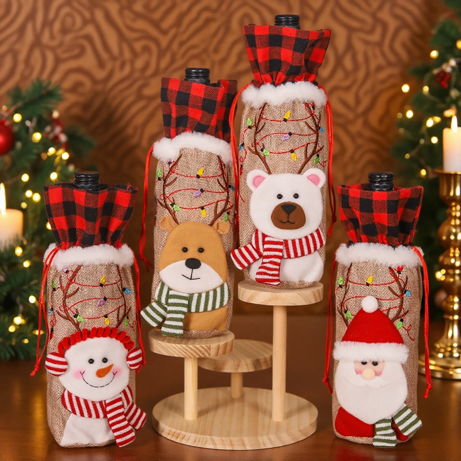 

4pcs/set, Red Black Figure Checkered Christmas Cloth Knitted Wine Bottle Cover, For Holiday Scene Layout Christmas Table Decor