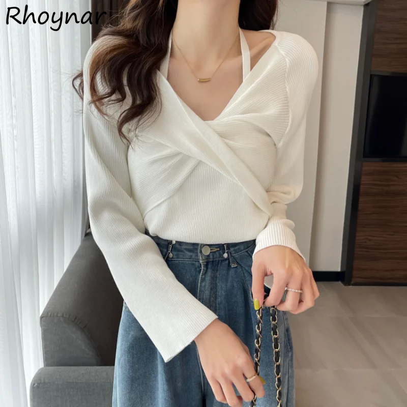 

Autumn Pullovers Women Criss-Cross Halter Design Sexy Solid Casual Slim All-match Temper Pull Femme Popular Classic Korean Chic