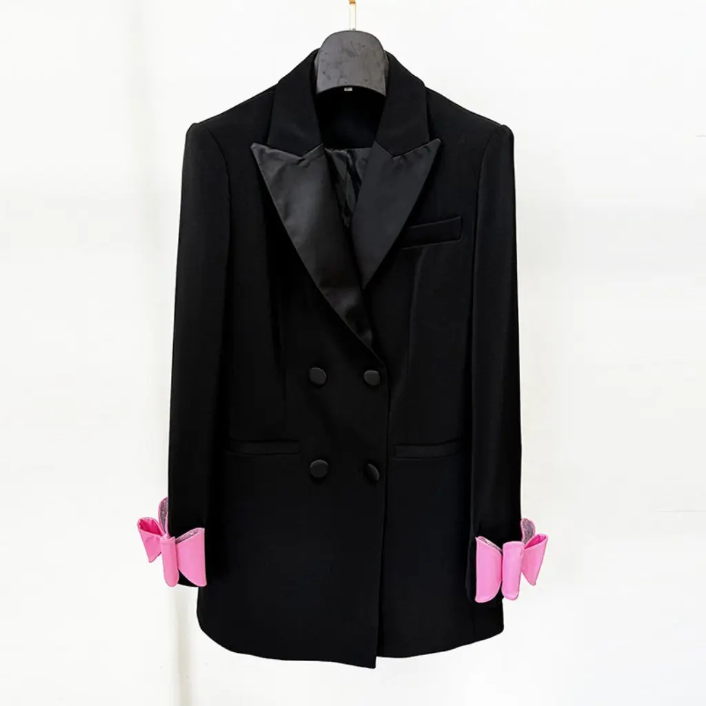 

European And American Star Fashion Double-breasted Satin Collar Bow Long Suit Jacket Dress New Arrivals