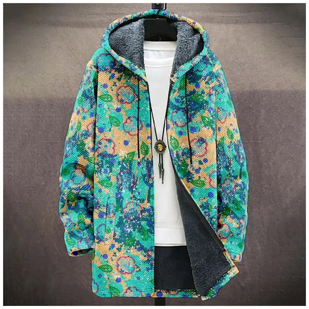 Men Cardigans Coat Florals Butterfly Leaves Art Graphics Printed Mid Trench Plush Thick Winter Casual Streetwear Unisex Clothing