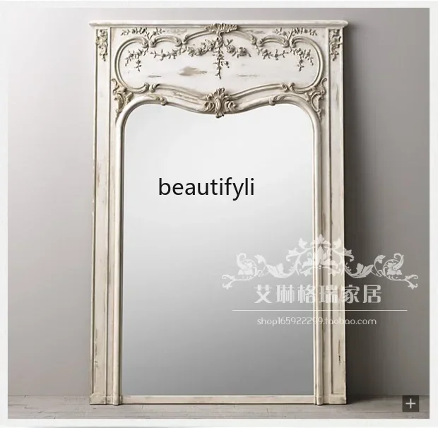 xzVintageAmerican solid wood carving flower floor mirror,floor mirror cloakroom dressing mirror wedding photography fitting mirr