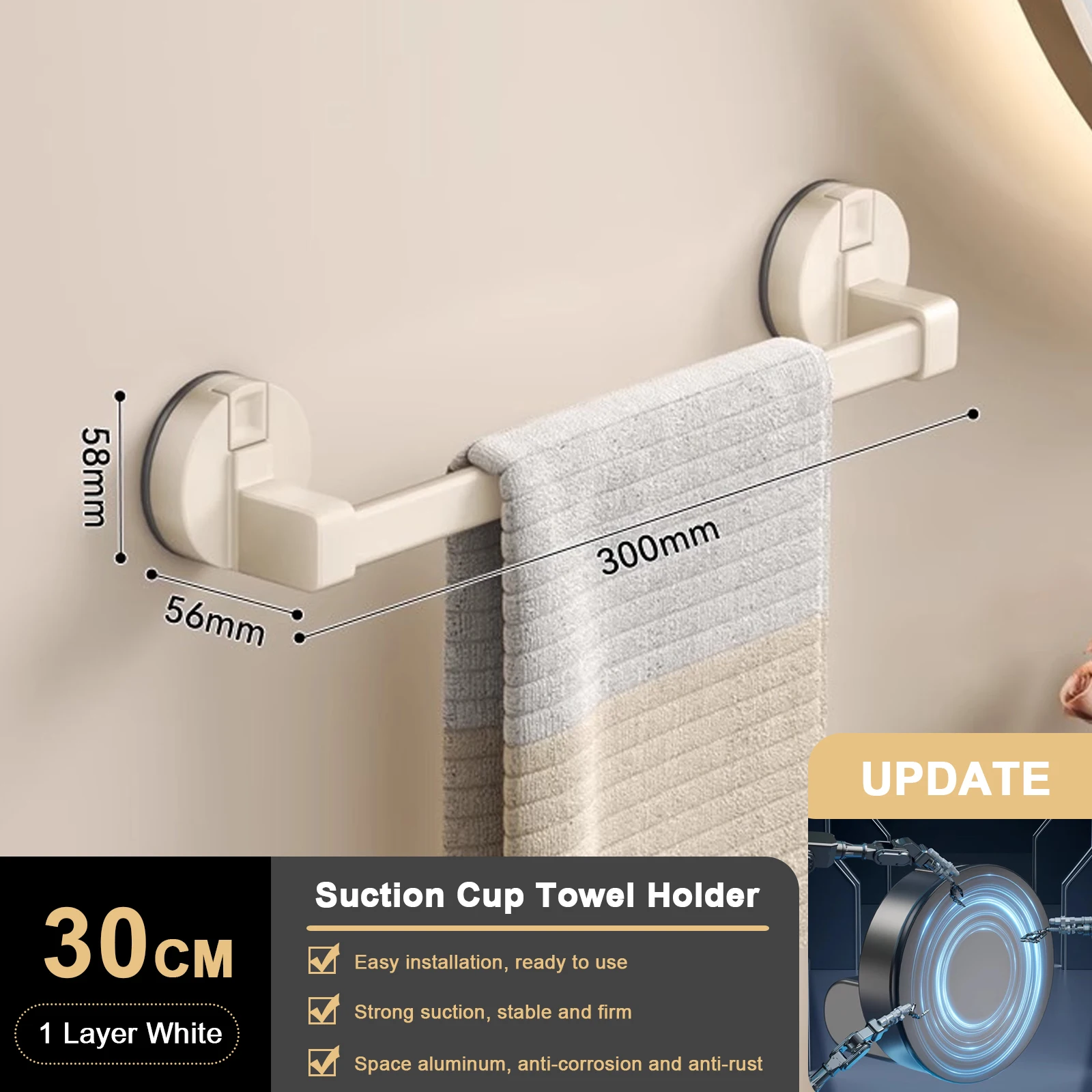 DOITOOL Suction Cup Towel Bar – 11.3–22.17 Inch Telescopic Stainless Steel Wall Mounted Towel Holder, No-Drill Installation