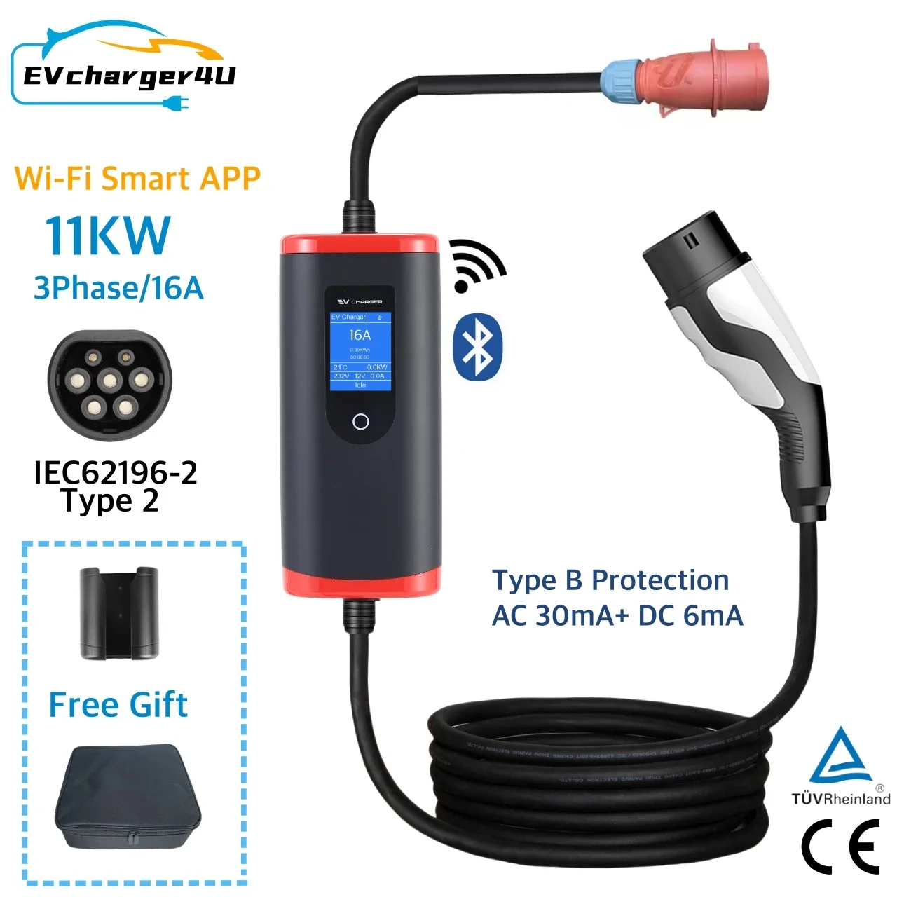 EVcharger4U IEC62196 Type 2 11KW Portable EV Charger 3Phase 16A 5M Cable with RCD Type B Protection Wi-Fi Bluetooth APP Control