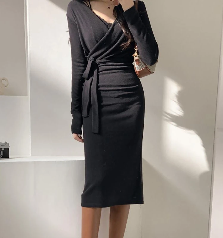 Coréen Sle v-ne Long Sve Dr femmes minceur a-ligne Midi Dr automne hiver pur désir taille pliée longue Dr