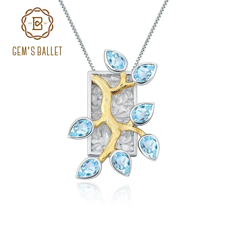 GEM'S BALLET Natural Swiss Blue Topaz 925 Silver 18k Gold Plated Two Tone Handmade Madagascar Forest Pendant Necklace For Women