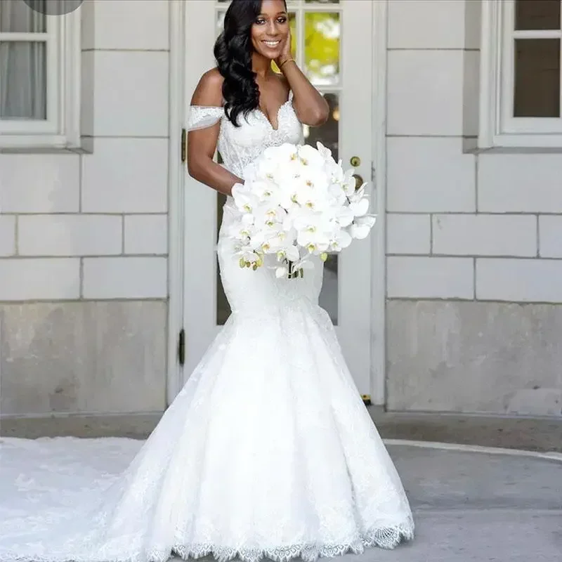 Customized  Lace Mermaid Wedding Dresses Robe Mariage Romantic Cap Sleeves Bridal Gowns Vestidos De Novia Vintage Ladies Dress