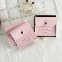 50/100Pcs Custom Logo 8x8cm PU Leather Jewelry Snap Bag Gold Button Pouches Ring Earring Necklace Wedding Favors Gift Organizer