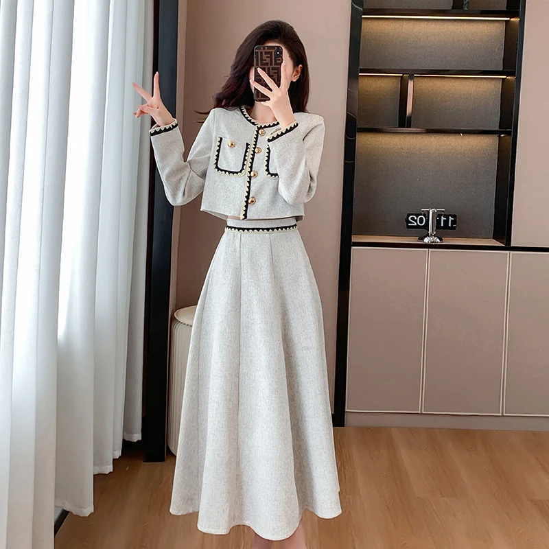 Small Fragrance Autumn Winter Fashion Women\'s Suit Single-breasted O Neck Short Coat + High Waist Mid Length Skirt 2 Piece Set