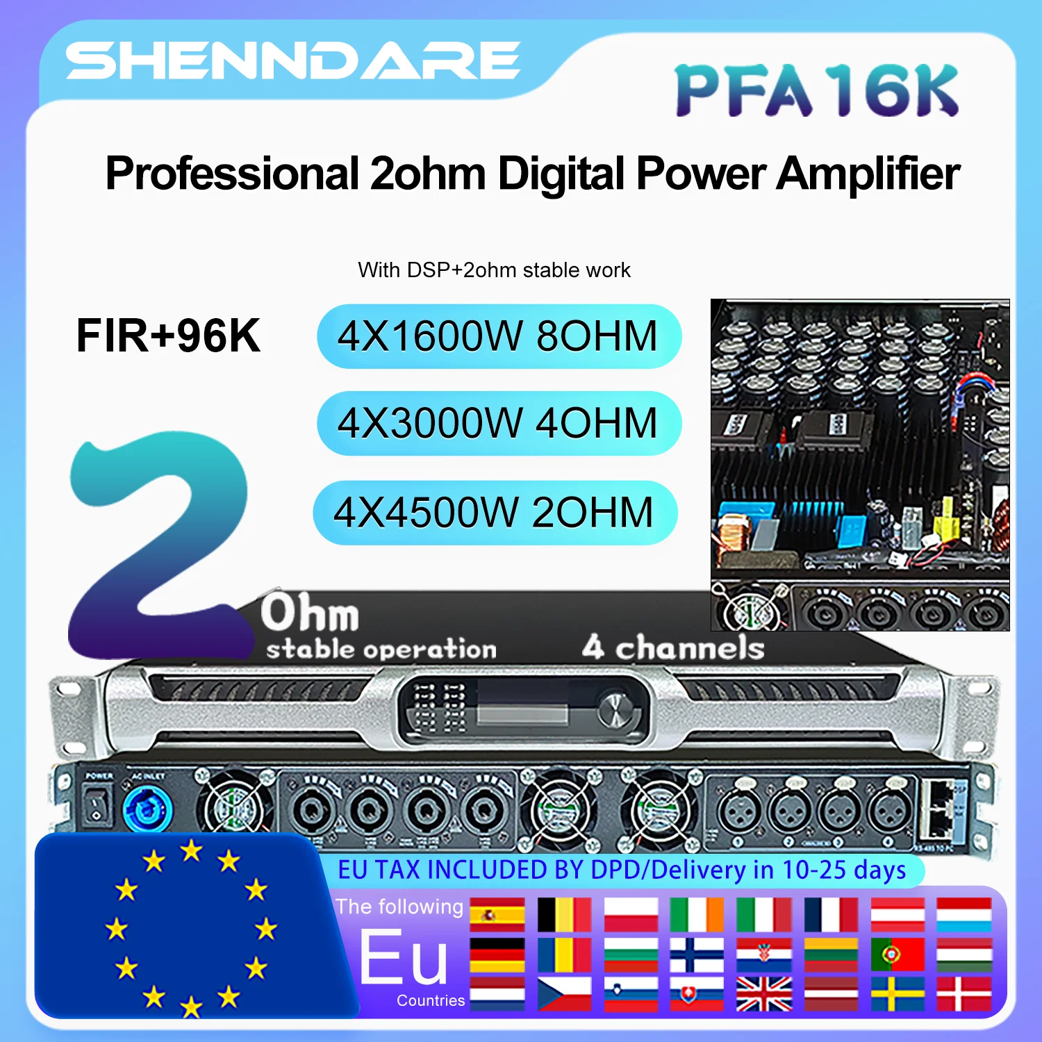 

ShennDare PFA16K Professional 4X3500W 2OHM Digital Power Amplifier with DSP 96kzh FIR Sound Amplifier 4x1600W 8OHM Subwoofer AMP