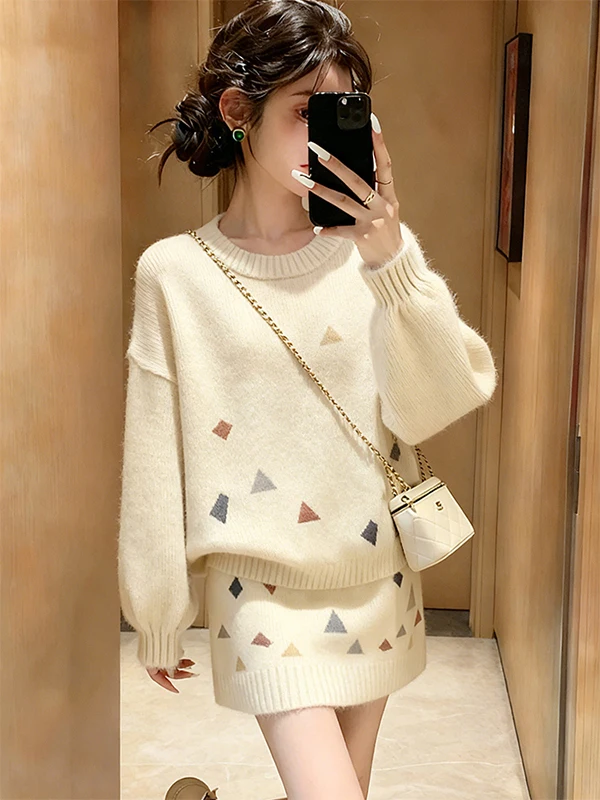 

Korean Fashion Knitted Sweater And White Skirt Two-Piece Set Autumn Winter Plaid Elegant Lazy Style Women's Warm Clothes