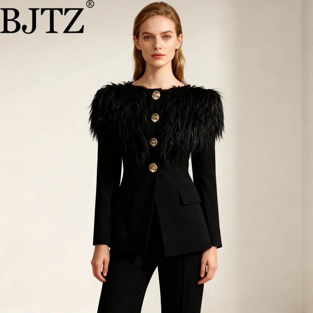 

BJTZ Elegant Blazer Dress Women 2026 Asymmetrical Collar Long Sleeve Applique Fur Trim Button Detail Spring Summer Chic