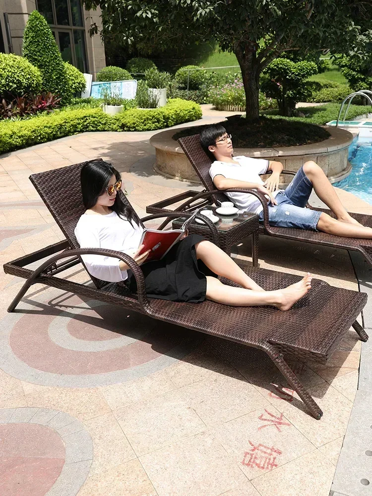 Hot sales Outdoor beach chair folding lounger bed balcony outdoor leisure chair rattan garden rattan chair