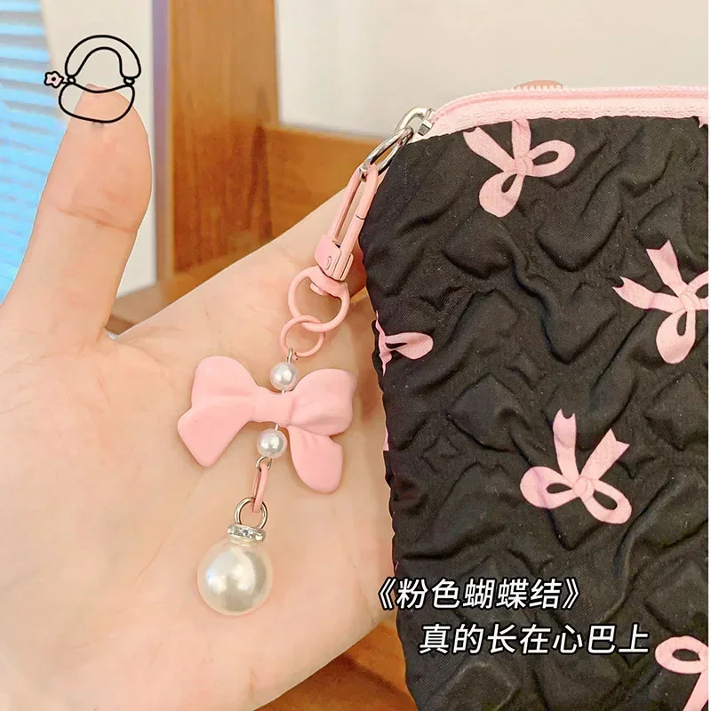 Small Hand Makeup Bag Pink Black Print Bow Women\'s Convenient Lipstick Card Mini Case Cosmetic Bag Sanitary napkin Storage Bag