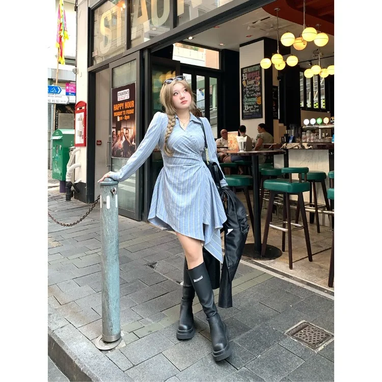 

Korejepo Design Striped Shirt Waist Dress Women 2024 Early Autumn New Slightly Dresses Appointment Minimalist Chic Vestido