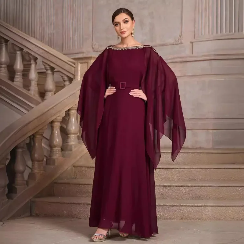 Sexy Y2K Long Cloak Sleeve O Neck High Waist Graduation Gala Evening Dress Robe Prom Gown Elegant Women Chiffon Party Dress