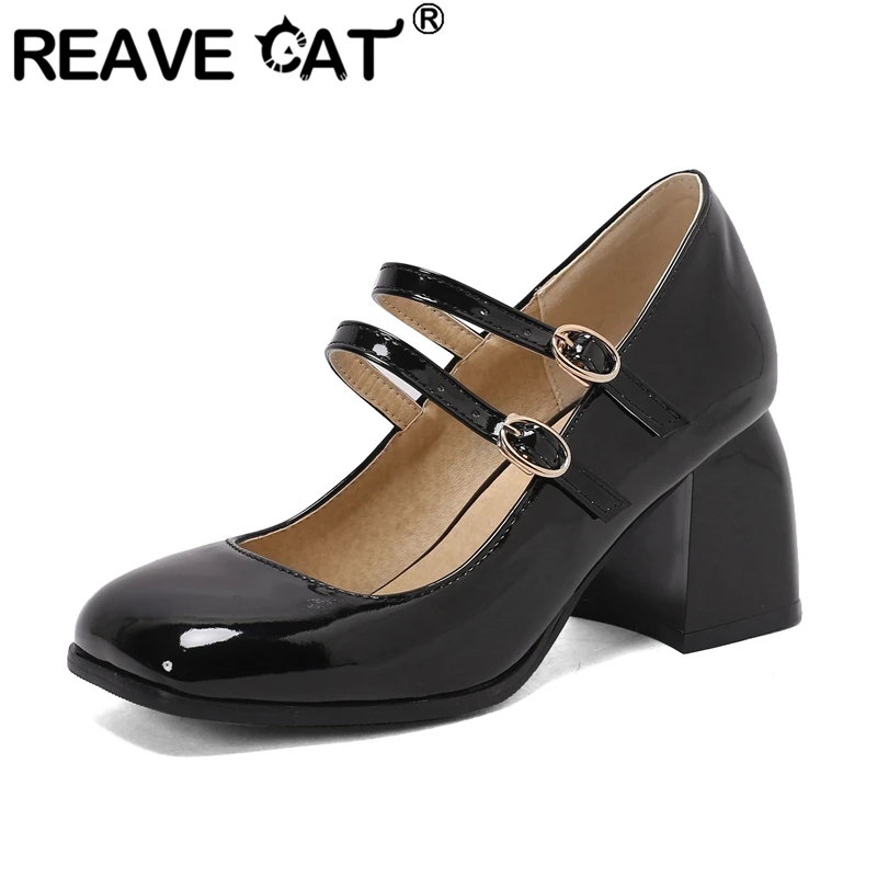 REAVE CAT Female Pumps Toe Chunky Heels 7cm Buckle Straps Size 50 Patent Leather Sweet Women Shoes