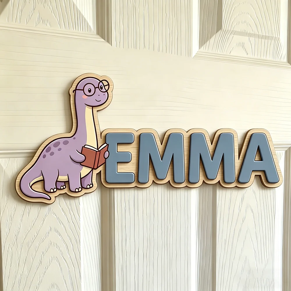 Whimsical Nerdy Dinosaur Custom Name Plaque for The Dearest Baby, Unisex Study-Themed Nursery Decor view 2