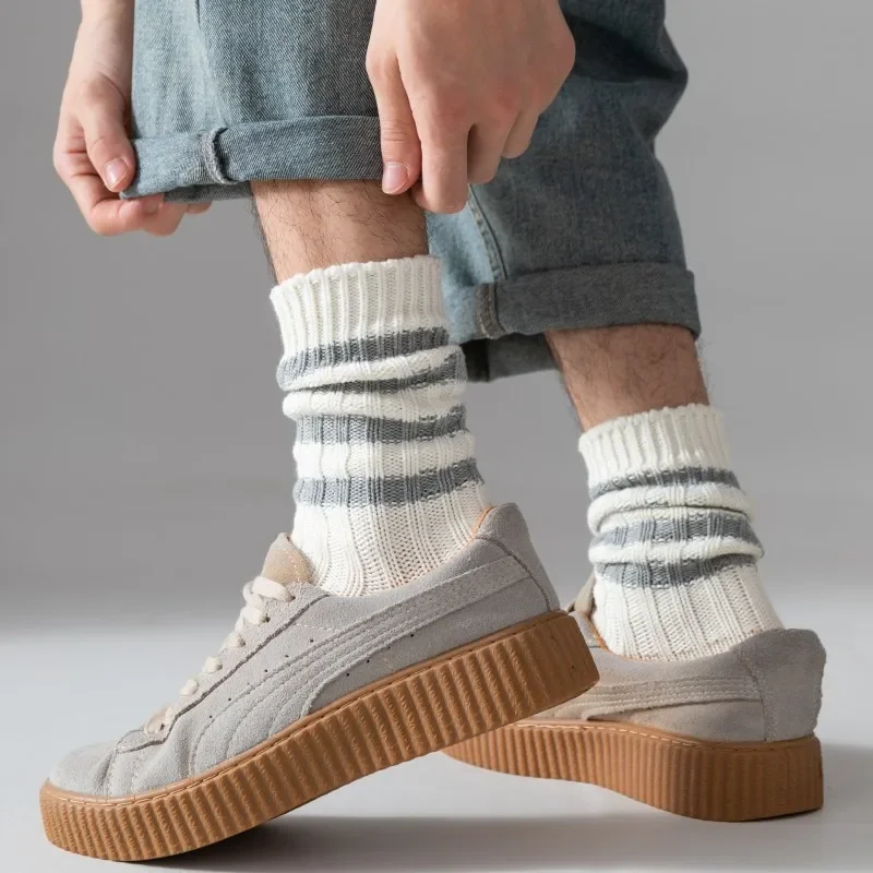 Men\'s Medium Tube Socks Vintage City Boy Thick Thread Knit Cotton Designer Solid Socks Casual Sports Socks Cycling Hiking