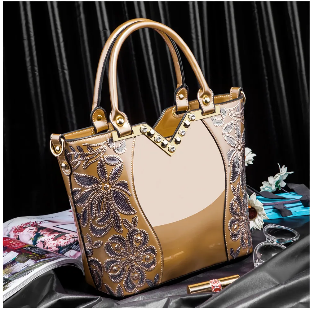 AMELISH Luxury Bag for Women 2024 High Quality Patent Leather Flower Embroidery Diamond Tote Handbag Fashion Female Shoulder Bag