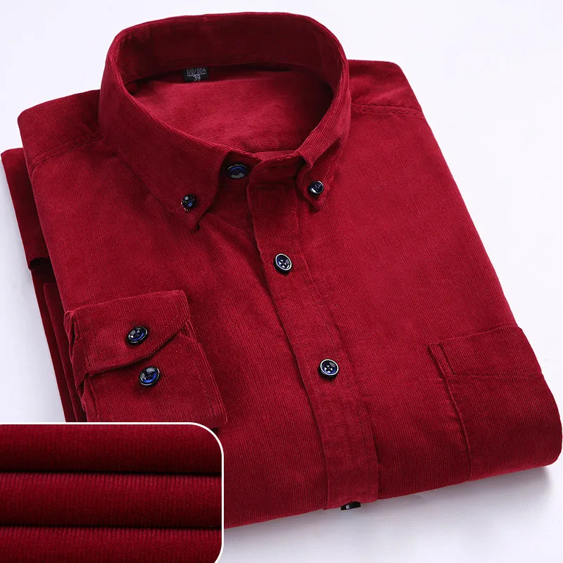 6XL Autumn/winter Warm Quality 100%cotton Corduroy long sleeved button collar smart casual shirts for men comfortable