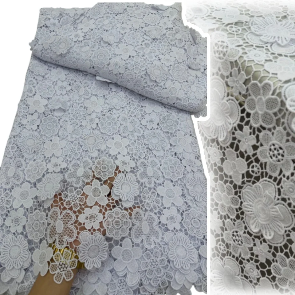 

White African 3D Applique Embroider Guipure Cord Lace Fabric High Quality Nigerian Guipure Cord Lace for Wedding Dress SZ1758