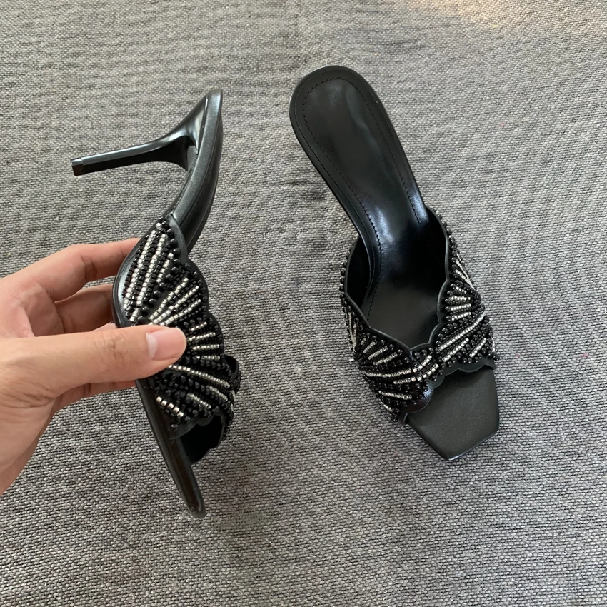 Damen Perlenbesetzte Sandalen mit eckiger Zehenpartie und hohem Absatz, offene Stiletto-Absätze, 2026 Party- und Hochzeitsschuhe, Damen-Sommer-Mules – Detail 12