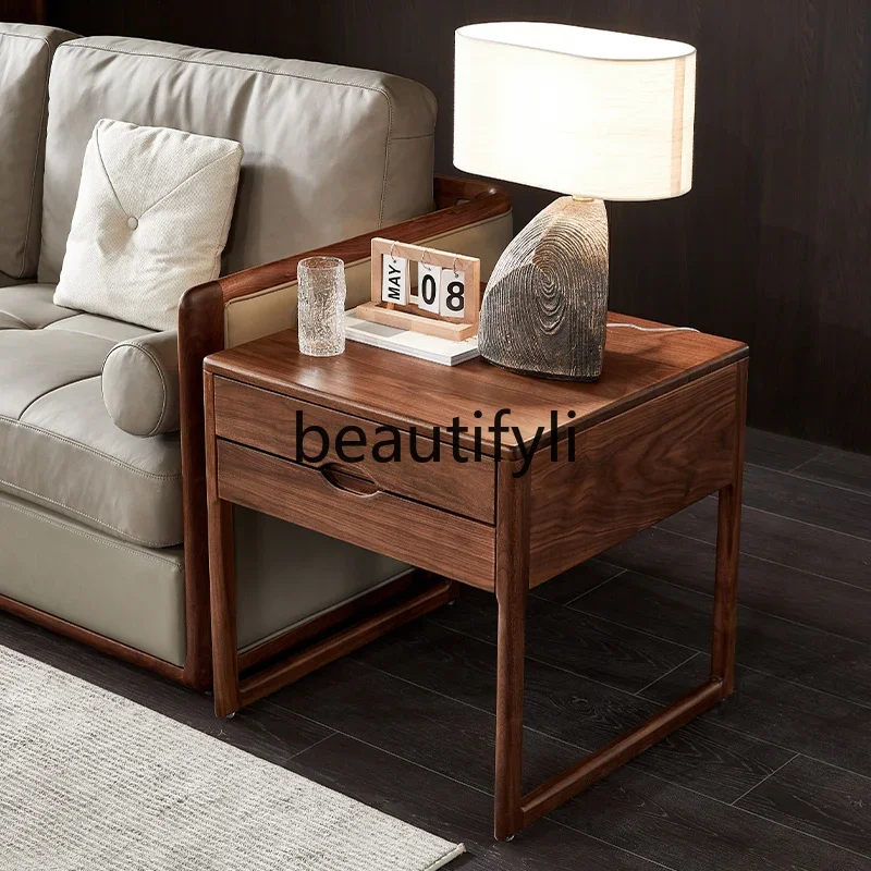 Q178 Solid wood living room, North American black walnut edge, Nordic log square table with drawers