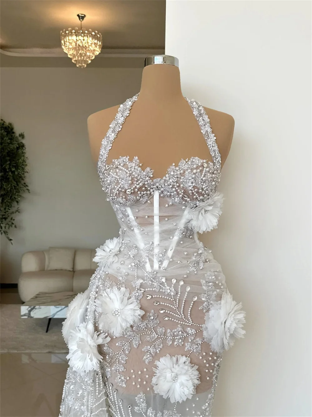 Lussuoso abito da sposa fiore 3D 2025 Abito da sposa con perle brillanti Abito formale solene lungo fino al pavimento per abito personalizzato