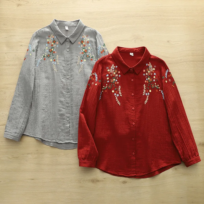 Spring New Flower Embroidery Double Layer Cotton Yarn Shirt Women Turn Down Collar Long Sleeve Casual Loose Blouse Tops