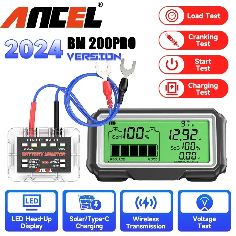 ANCEL BM200 PRO 12V LED Car Battery Tester Monitor Head-Up Display Waterproof SOH SOC Charging Battery Capacity Analyzer Tools