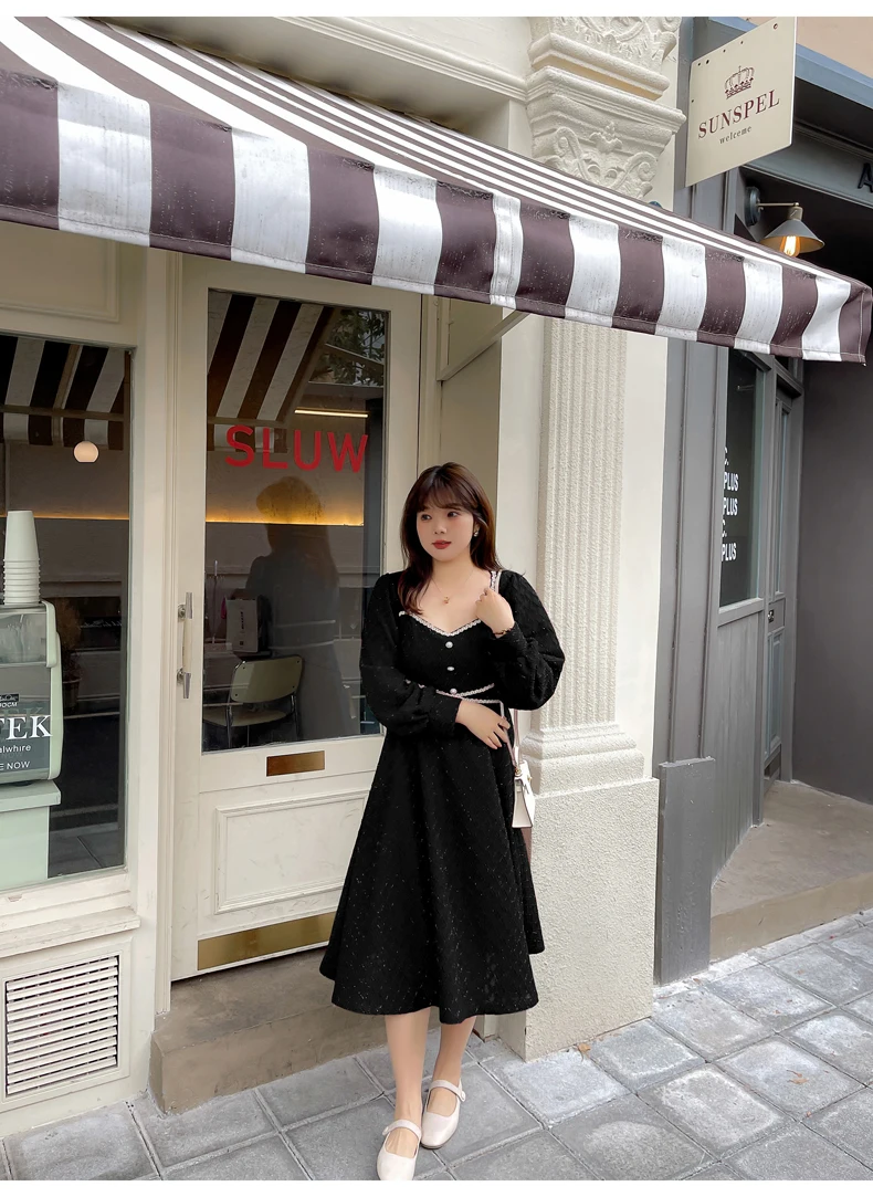 대형 XL-5XL 여성 프랑스어 v 넥 하이 웨스트 모조 진주 버튼 a 라인 블랙 드레스 긴 소매 봄 가을 레드 드레스