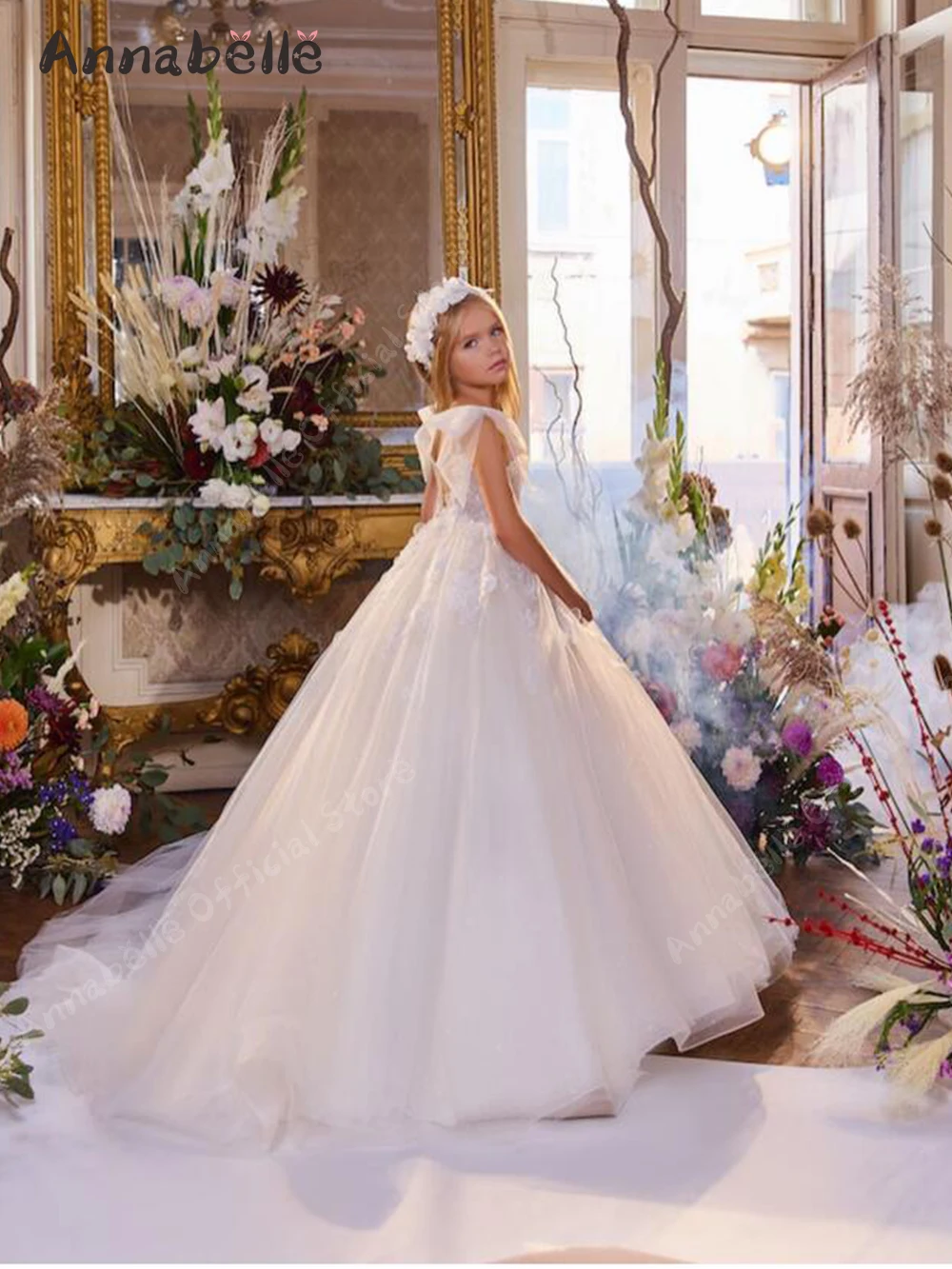 Annabelle Mädchen Kleider binden Taille und Stick Blumen lange Abend Party Kleid elegante Hochzeit